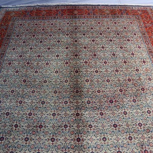 May include: A large rectangular area rug featuring a cream-colored field densely covered in a repeating floral and vine pattern in shades of blue, red, and dark purple, framed by a wide, vibrant red border with intricate botanical motifs and fringe.