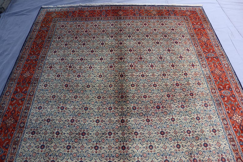 May include: A large rectangular area rug featuring a cream-colored field densely covered in a repeating floral and vine pattern in shades of blue, red, and dark purple, framed by a wide, vibrant red border with intricate botanical motifs and fringe.