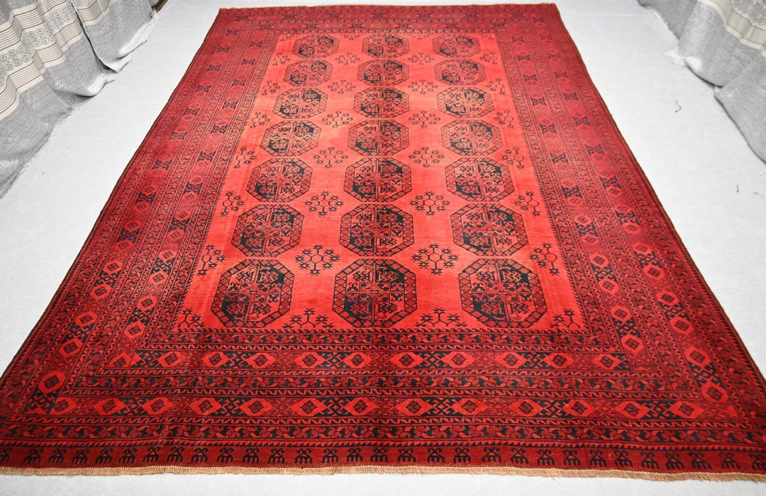 ラグ・カーペット Turkmen rug 8'6x12'5 Ft Antique Turkmen Rug - Red Afghan Handmade Wool Rug
