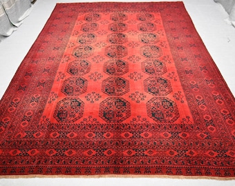 8'6x12'5 Ft Antique Turkmen Rug - Red Afghan Handmade Wool Rug