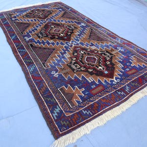 3&#39;4x6&#39;3 ft Navy Vintage Rug, Tribal Afghan Area Rug, Geometric Soft Pile Baluchi Rug, Turkmen Handmade Wool Rug, Bedroom, Living Room Carpet