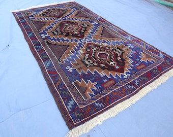 3'4x6'3 ft Navy Vintage Rug, Tribal Afghan Area Rug, Geometric Soft Pile Baluchi Rug, Turkmen Handmade Wool Rug, Bedroom, Living Room Carpet