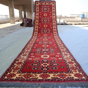 3x13 ft Runner Rug, Afghan Tribal Bukhara Rug 80x400 cm Turkmen Handmade Wool Rug, Entry Way Runner, Long Hallway Runner, Rustic Red Rug