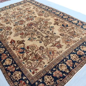 Beige Pictorial Rug 4&#39;5x6&#39;9 ft/ Afghan Handmade Wool Area Rug/ Animal Birds Trees Decor Rug/ Oriental Turkmen Rug/ Living room Rug Kids Room