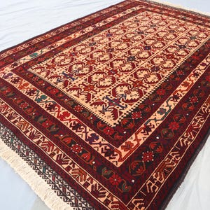 4&#39;4x6&#39;7 ft Afghan Vintage Baluch Rug Turkmen Tribal Handmade Wool Oriental Area Rug- Intricate Pattern Rug- Bedroom- Soft Pile Bronze Carpet