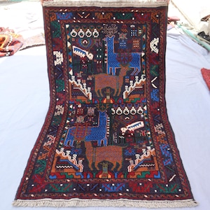 3x5 Afghan Pictorial Rug/ Turkmen Baluchi Rug/ Handmade Soft Wool Rug/ Living Room Rug/ Kids Room Area rug/ Navy Blue Hunting Scene Art Rug