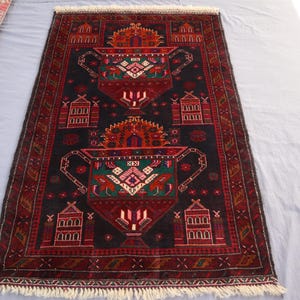 3x5 ft Afghan Vintage Rug- Geometric Design Handmade Wool Rug- Turkmen Tribal Rug- Oriental Navy Blue Red Rug- Bedroom Rug, Entry Way Carpet
