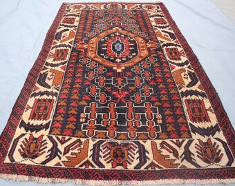 Afghan Oriental Rug 3x5 ft, Antique Caucasian Handmade Wool Rug, Red Beige Turkmen Vintage Rug, One of a Kind Rug, Entry Way Rug Bedroom Rug