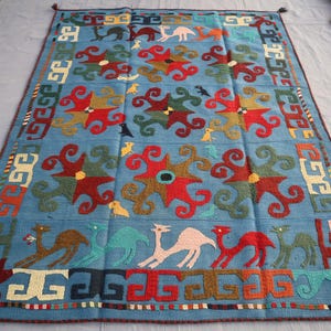 5x6 ft Blue Pictorial Rug, Handmade Uzbek Suzani Kilim Rug, Suzani Hand woven Afghan Vintage Kilim Rug, Tribal Rug, Flatweave Wall Decor Rug