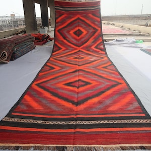Alfombra Kilim Runner de 1,2 x 4,8 m - Alfombra Kilim Ghalmori afgana geométrica roja vintage - Alfombra de lana hecha a mano - Alfombra de tejido plano turcomano - Pasillo - Escaleras