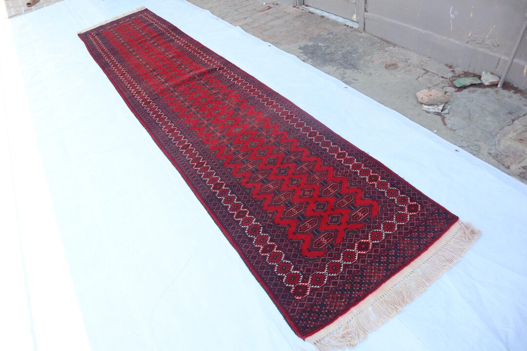 3x13 Ft Afghan Red Runner Rug / Vintage Zahir Shahi Handmade Wool Rug ...
