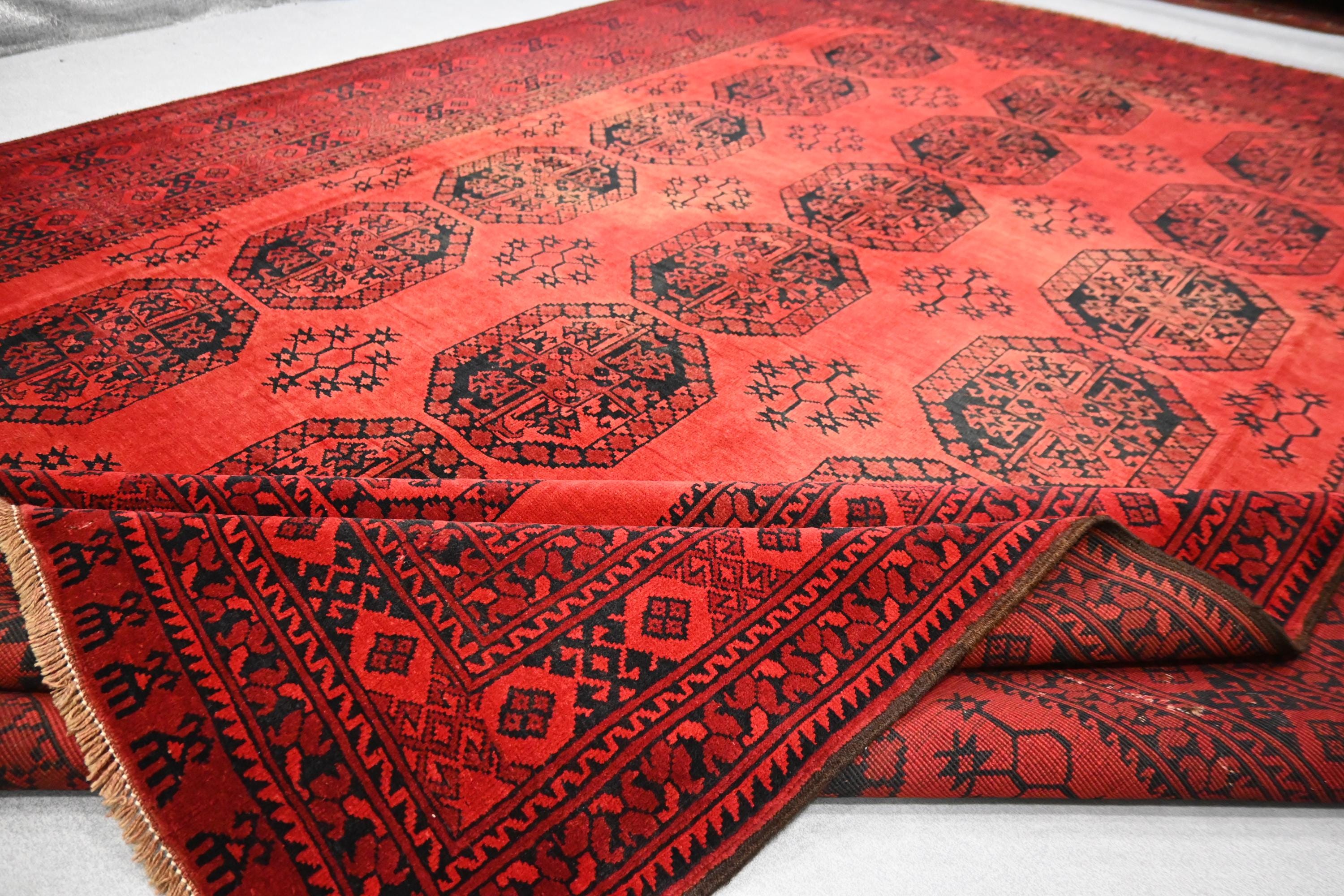 8'6x12'5 Ft Antique Turkmen Rug - Red Afghan Handmade Wool Rug