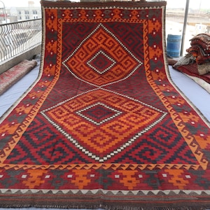 8&#39;6x15&#39;3 ft Vintage Kilim Rug, Red Orange Geometric Rug, Afghan Handmade Wool Rug, Flatweave Kilim Rug, Tribal Turkmen Rug, Entry Way Carpet