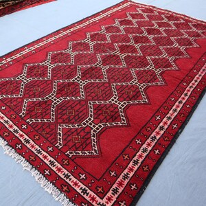 4x6 Antique Tribal Rug Red Caucasian Rug, Handmade Wool Area Rug, Oriental Afghan High Pile Rug, Turkmen Bohemian Boho Rug, Living Room Rug