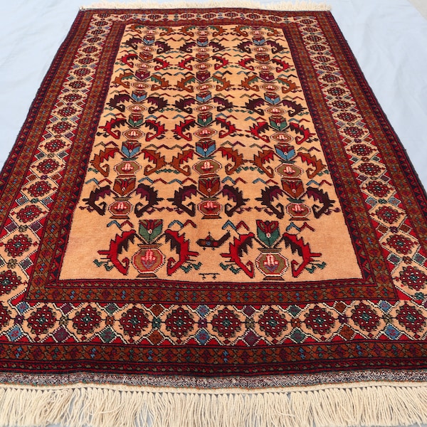 Vintage Baluchi Rug 3x5 ft, Antique Faded Afghan Handmade Wool Rug, One of a Kind Oriental Area Rug, Turkmen Old Style Tribal Rug Office rug