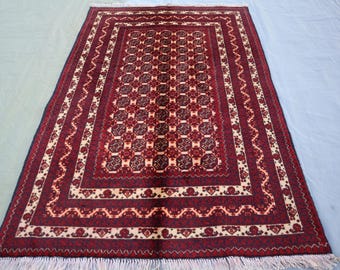 Roter Afghanischer Teppich 3 x 5 Fuß - Handgeknüpfter Weicher Wollteppich - Orientalischer Turkmenen Khoja Roshnaye Teppich - 100 x 150 cm
