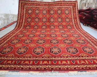 Übergroßer 10 x 13 ft Turkmenischer Geometrischer Buchara Teppich, Handgemachter Wollteppich, Afghanischer Stammesteppich, orientalischer Teppich, Esstischteppich