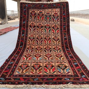 3&#39;5x6&#39;5 Antique Baluchi Rug Turkmen Oriental Handmade Wool Red Rug- 1980s Vintage Afghan Tribal Beige Rug- Intricate Pattern- Bedroom Carpet