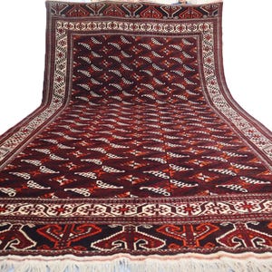 1980s Vintage 7'5x13 ft Afghan Yamood design Rug, Turkmen Handmade Wool Rug, Oriental Tribal Maroon Red Rug, Kitchen Rug, Dining Table Rug