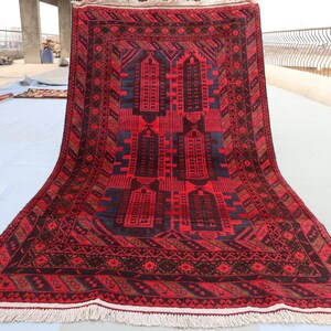 4x7 Red Afghan Rug Hand Knotted Wool Rug, Turkmen Tribal Baluchi Area Rug, Vintage Oriental Nomadic Yaqoob khani Design rug, Living Room Rug