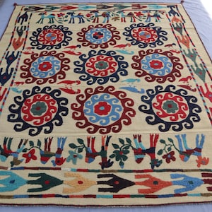 6x7 ft Suzani Flatweave Rug, Afghan Vintage Uzbek Suzani Kilim Rug, Beige Pictorial Tribal Handmade Boho Square Rug, Wall Hanging Decor Rug
