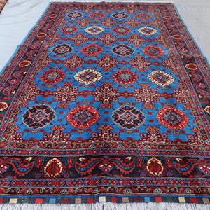 Tappeto blu navy 190x305 cm, tappeto geometrico afgano Bukhara in lana fatto a mano, tappeto con arte tribale turkmena, tappeto orientale boho, grande tappeto per soggiorno