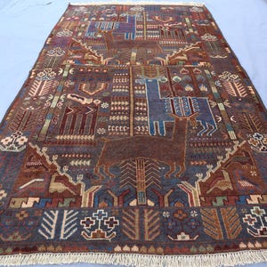 Vintage 4x7 ft Afghan Pictorial Rug Turkmen Handmade High Pile Wool Rug, Animals Art Deco Hunting Scene Rug, Kids room Rug, Home Luxury Rug