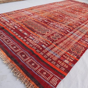 5x10 ft Afghan Red Vintage Rug, Handmade Striped Flatweave Kilim Rug, Antique Turkmen Tribal Rug, Oriental Antique Rug, Dining Table Carpet