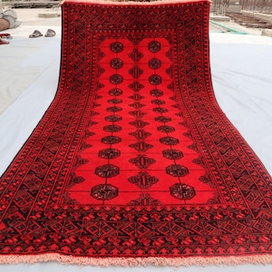 3&#39;4x6&#39;3 ft Afghan Handmade Rug, Oriental Turkmen Oriental Bukhara Area Rug, Vintage Red Shaped Wool Rug 4x6, Living Room Rug, Bedroom Carpet