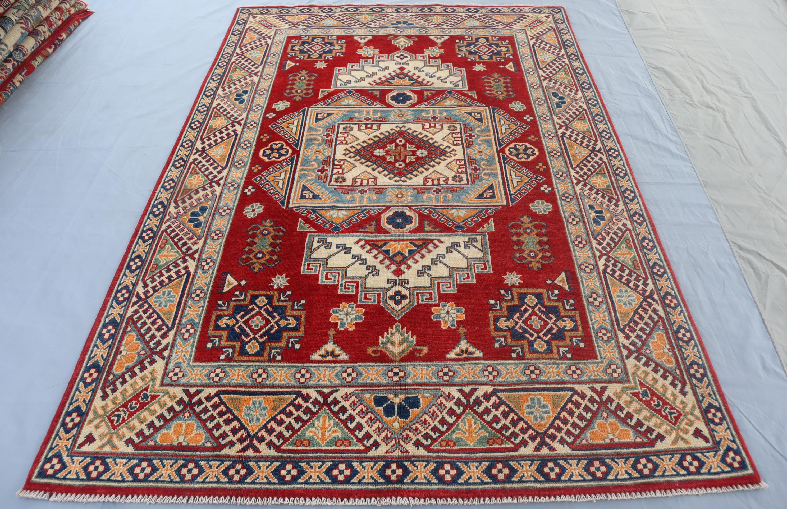 5x7 Ft Red Beige Kazak Rug Natural Veg Dyes Afghan Handmade Soft