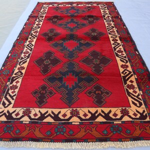 Alfombra antigua roja de 1,06 m x 1,93 m, alfombra afgana vintage, hecha a mano, alfombra baluchi turcomana oriental, alfombra tribal de lana suave, alfombra bohemia, alfombra de área de 1,2 x 1,8 m