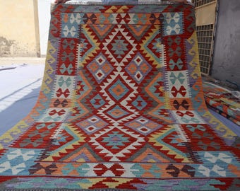 5x7 ft Afghan Rug/ Handmade Kilim Area Rug/ Blue Orange Authentic Modern Geometric Natural Veg dyes Wool/ Rug for Living room/ Bedroom Rug