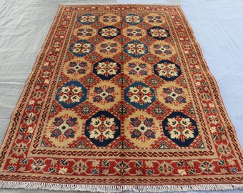 Vintage 3x5 ft Rug Vintage Turkmen Rug, Afghan Geometric Handmade Wool Antique Rug, Tribal Oriental Caucasian Beige Area Rug, Bedroom Carpet