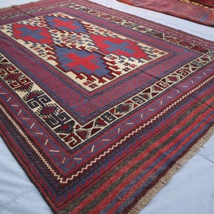 6&#39;5x9&#39;1 ft Vintage Tribal Rug, Afghan Handmade Wool rug, Turkmen Berjesta Meshwani Antique Rug, Red Kilim Area Rug, Geometric Bedroom Carpet