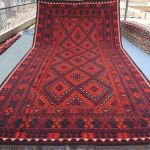 8&#39;6x15&#39;10 Large Geometric Rug/ Afghan Handmade Wool Rug/ Vintage Kilim Rug/ Oriental Orange Red Genuine Rug/ Turkmen Kilim Rug/ Bedroom Rug