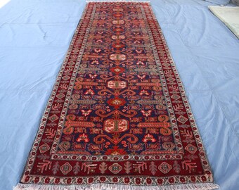 Afghan Rug 3'9x10'5 ft Runner Rug, Vintage Baluchi Handmade Soft Wool Rug, Oriental Turkmen Tribal Rug, Red Hallway Runner, Kitchen Runner