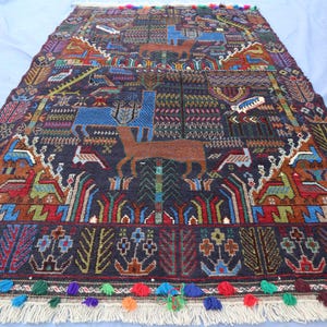 4&#39;1x6&#39;6 Pictorial Area rug Afghan Vintage Handmade Wool Rug, Oriental Turkmen Rug, Hunting Scene Art decor Rug, Kids Room Wall Hanging Rug