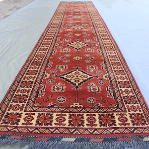 3x13 ft Runner Rug/ Afghan Turkmen Handmade Wool Rug/ Vintage Red Geometric shaped Design Tribal Carpet/ Kitchen Runner/ Long Hallway Runner
