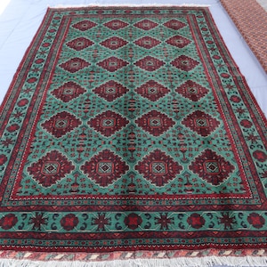 7x10 ft Geometric Bukhara Rug Green Color Afghan Rug, Handmade Wool Area Rug, Tribal Turkmen Oriental Area Rug, Bedroom Rug, Living Room Rug