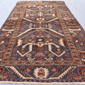 3&#39;5x6&#39;2 ft Afghan Baluchi Rug Vintage Handmade Rug, Geometric Rug, Oriental Terracotta Rug, Navy Blue Rich Autumn Colors Dyes Antique Carpet