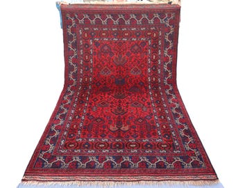 1970s Antique Rug 5x8 ft Geometric Afghan Handmade High Pile Wool rug, Red Caucasian Tribal Rug, Turkmen Oriental rug, Vintage Bohemian Rug