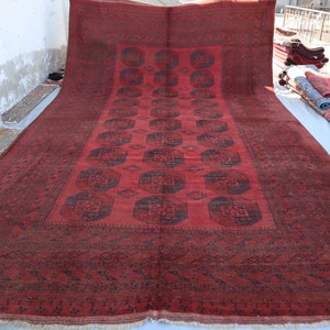 11x19 ft Large Antique Rug, Low Pile Vintage Rug Turkmen Tekke Ersari Bukhara Rug, Red shaped Distressed Faded Rug, Afghan Oriental Area Rug