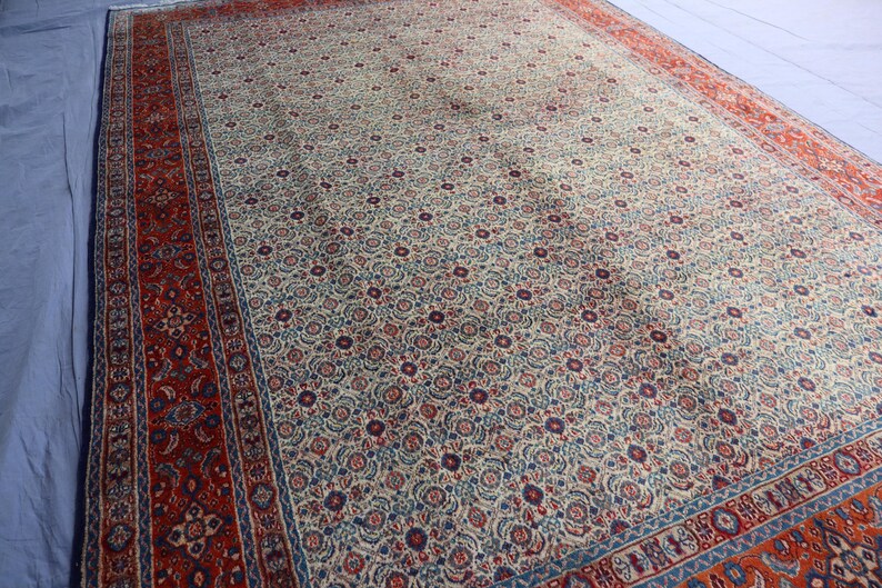 May include: A large rectangular area rug featuring a cream-colored field densely covered in a repeating floral pattern in shades of red, blue, and tan. The rug is framed by a wide, intricate border in deep red with blue and cream floral motifs.
