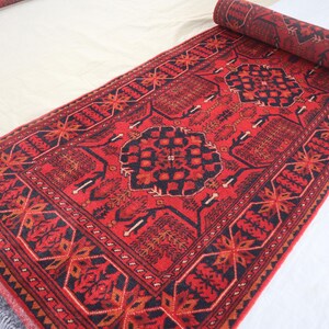Alfombra turca de Bukhara de 10 pies de largo color rojo, alfombra de lana suave hecha a mano, alfombra afgana oriental Khal Muhammadi, alfombra para escaleras, alfombra para pasillo