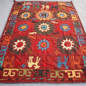 5&#39;5x7&#39;2 Uzbek Suzani Kilim Rug, Beige Hand woven Afghan Vintage Kilim Rug, Pictorial Tribal Handmade Boho Square Rug Dining Table  Cover Rug