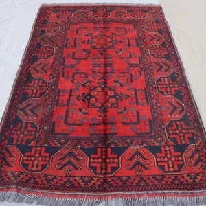 Red Bukhara Rug 3&#39;5x5 ft Vintage Turkmen Handmade Genuine Wool Rug, Afghan Tribal Khal Mohammadi Rug, Rug for Entry Way, Living Room Carpet