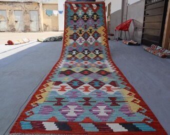 3x10 afghansk kelimmatta / Geometrisk design plattvävd handgjord ull / Modern maimana kelimmatta / Hallmatta / Köksmatta / 80 x 300 cm