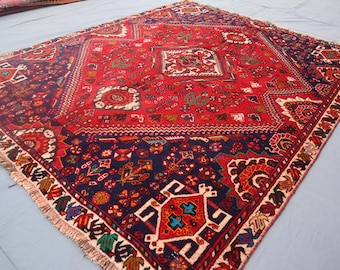 Tapete caucasiano 5x6, tapete tribal turcomano antigo, tapete vermelho de colecionador, tapete afegão geométrico vintage, tapete oriental, tapete quadrado para quarto