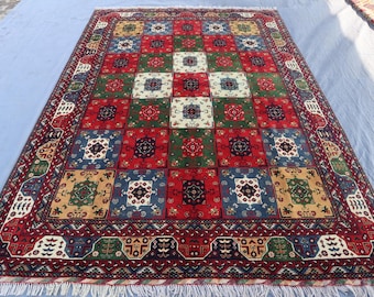 7x10 ft Afghan Bukhara Rug Turkmen Tribal Handmade Wool Area Rug, Oriental Khamyab Rug, Multicolor Khal Muhammadi Rug, Red Living Room Rug