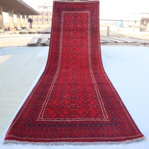 2&#39;8x9&#39;5 Vintage Bukhara Runner Rug, Bashiri Oriental Tribal Afghan Hand Knotted Wool Rug, Antique Turkmen Red Rug, 10 ft Hallway Runner Rug